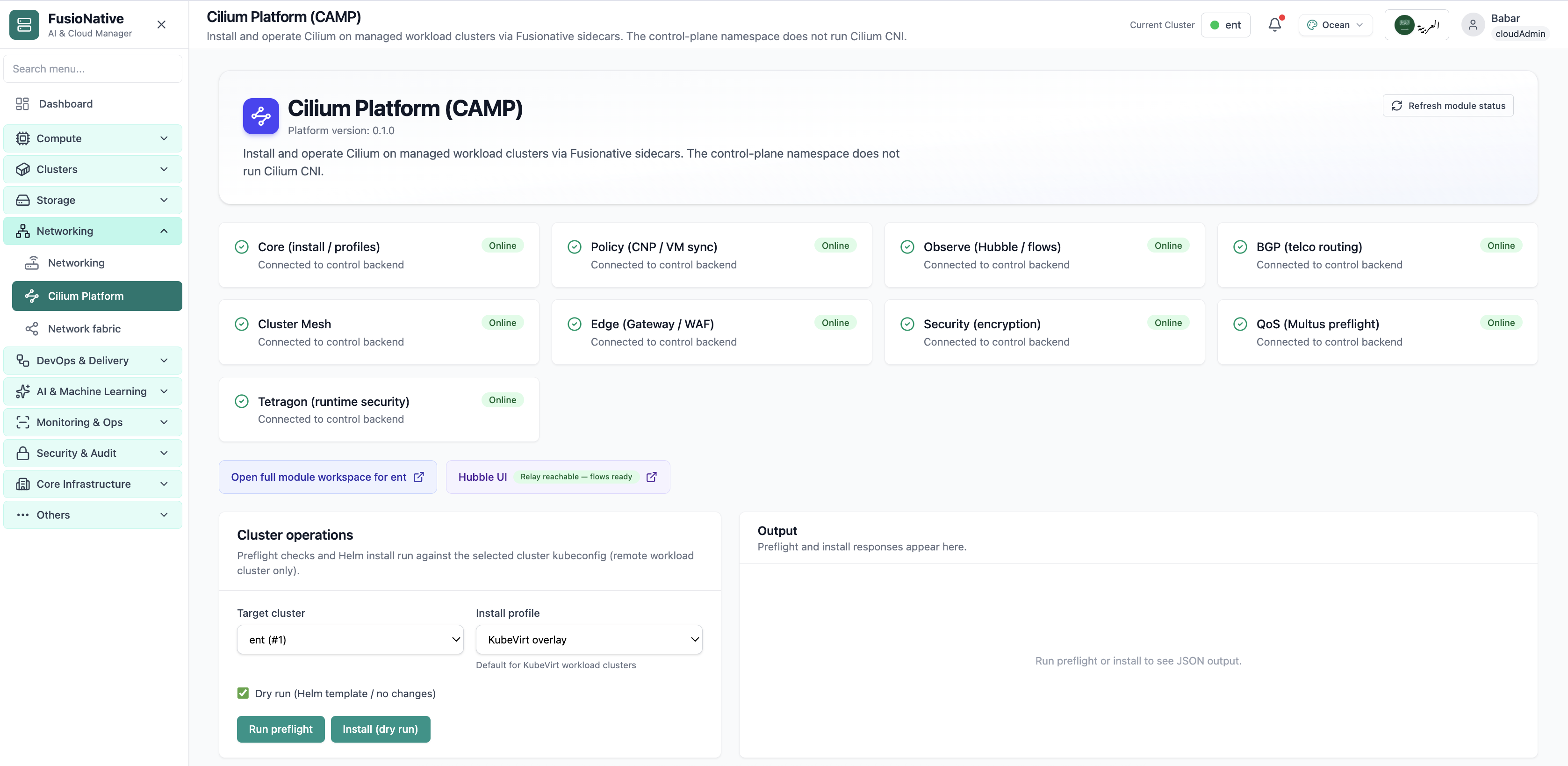 Cilium Platform module status and Helm install controls.
